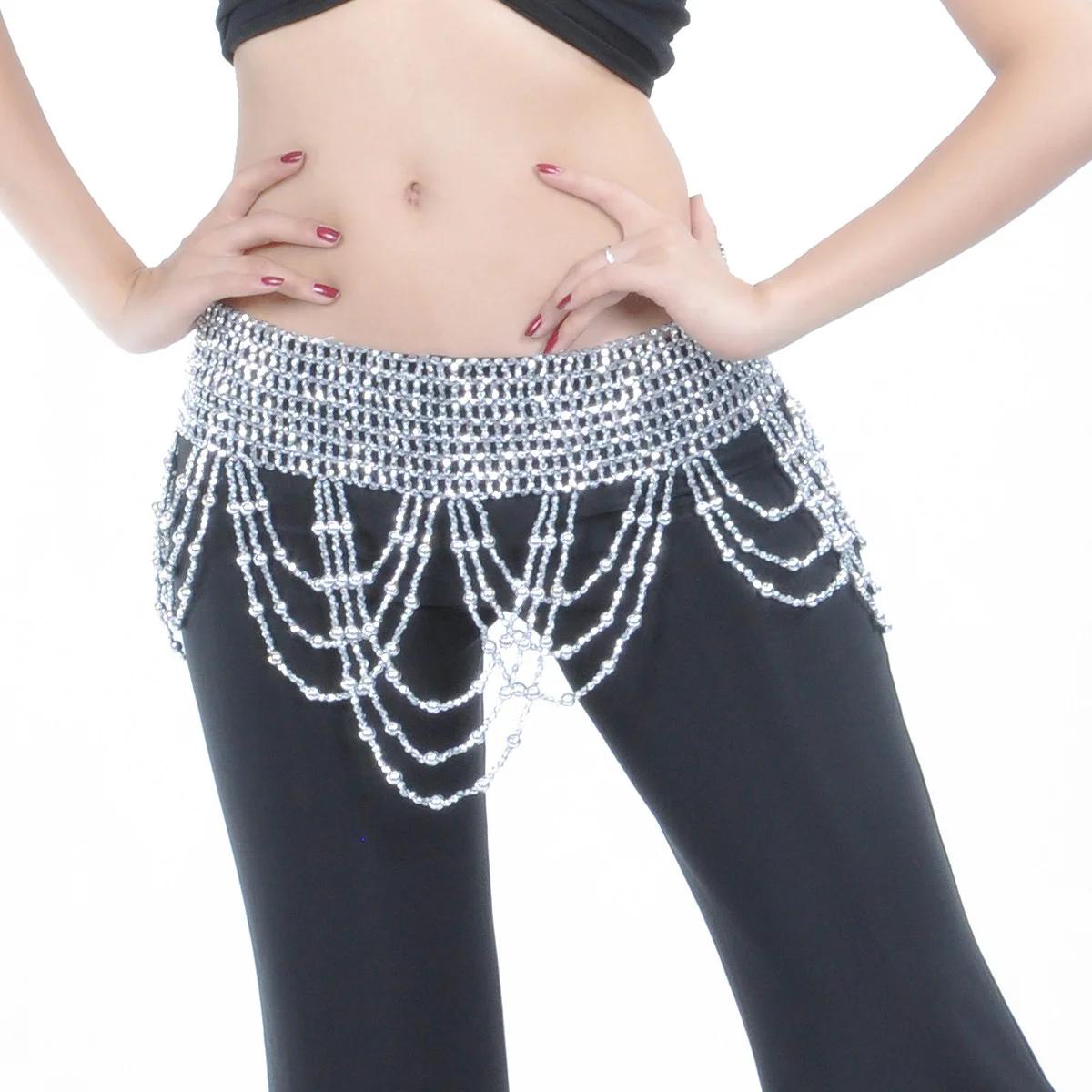 Women Belly Dance Costume Accessories Fringes Hip Scarf Stretchy Thread Wrap SkirtRound Beads Belt